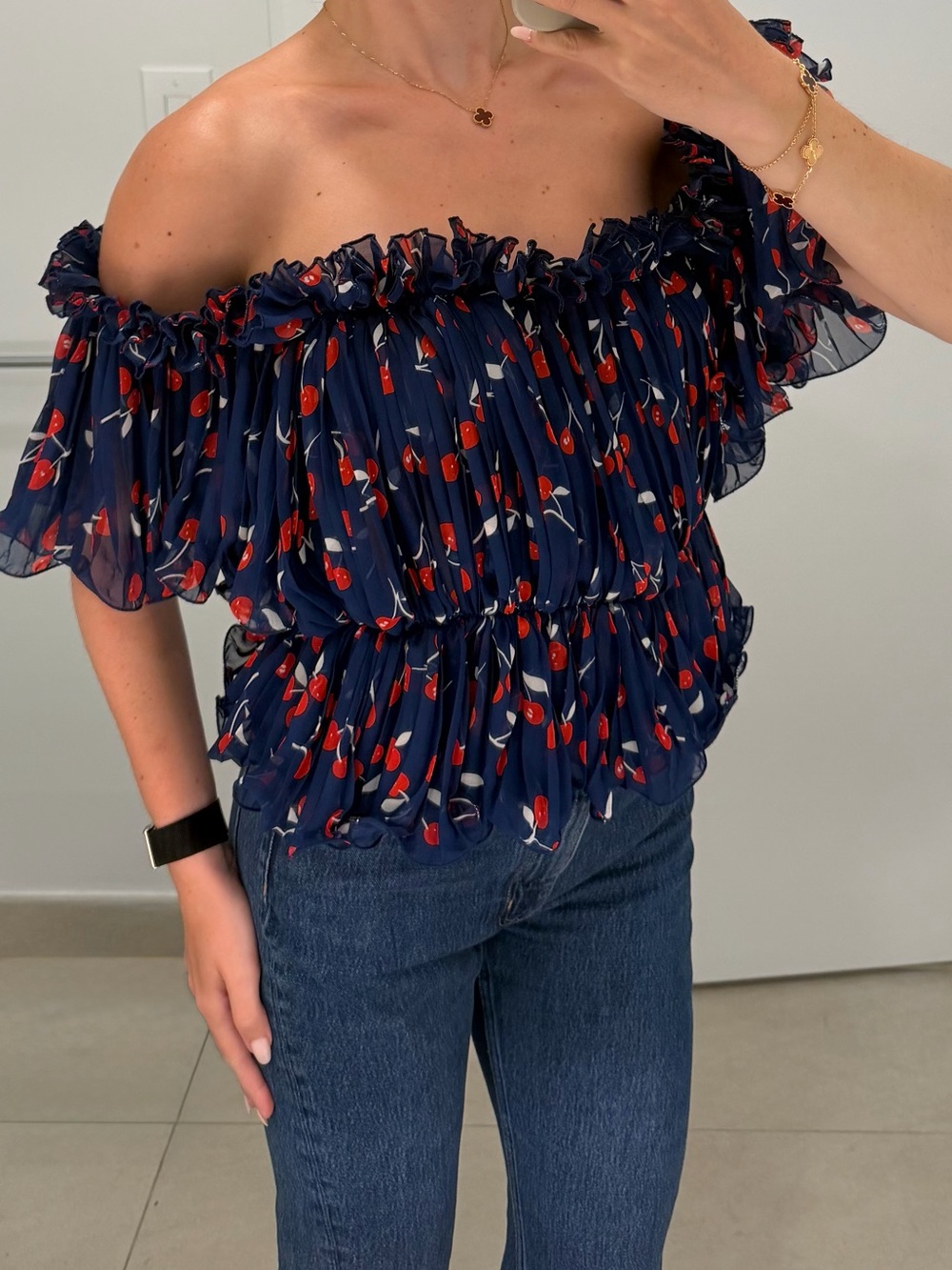 Navy Off-Shoulder Cherry-Print Ruffled Blouse